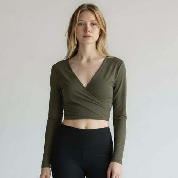 4/$40 Elegant Olive Long Sleeve V-Neck Crop Top